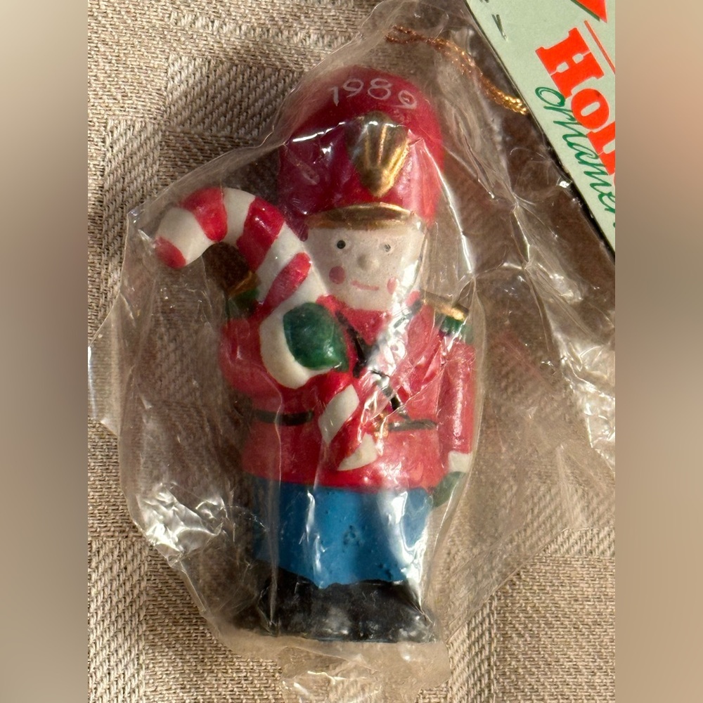 NOS Holiday Ornament Ceramic Toy Soldier with Candy Cane 1989